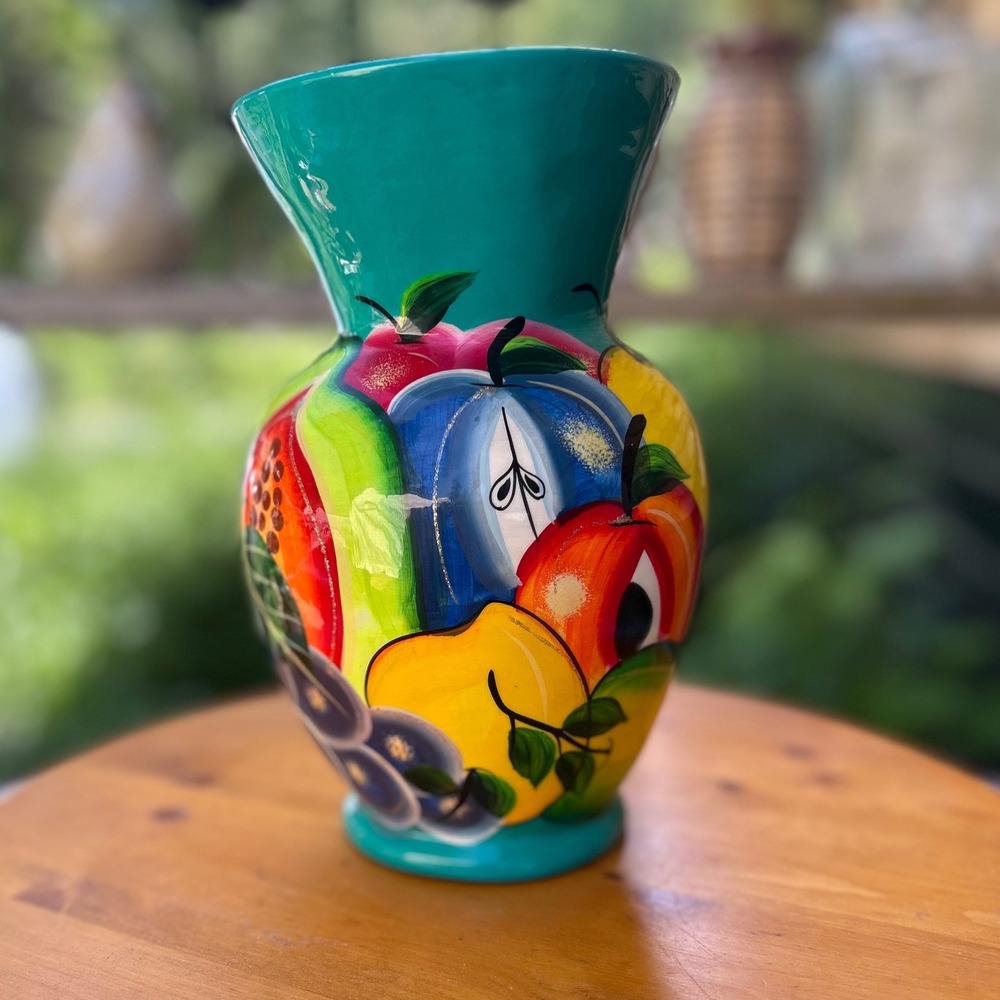 Vintage Ceramic Vase‎ 9" Turquoise Neon Fruit Mexican Folk Art Pottery Talavera